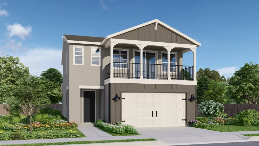 Generation is a two-story floor plan featuring a balcony above a two-car garage. The Modern Farmhouse elevation is shown here with vertical brown siding contrasting against a beige exterior. White trim emphasizes the farmhouse-style details around the roof. The covered balcony has white columns supporting the roof and a black safety fence around the edge.