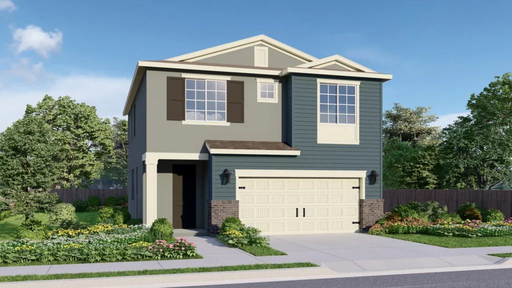 Encore is a two-story floor plan featuring a two-car garage. The American Traditional elevation is shown here with horizontal slate blue siding contrasting against a light gray exterior. The covered porch shades a warm brown door that matches the shutters on the window above. Brick wainscoting frames the garage on either side.