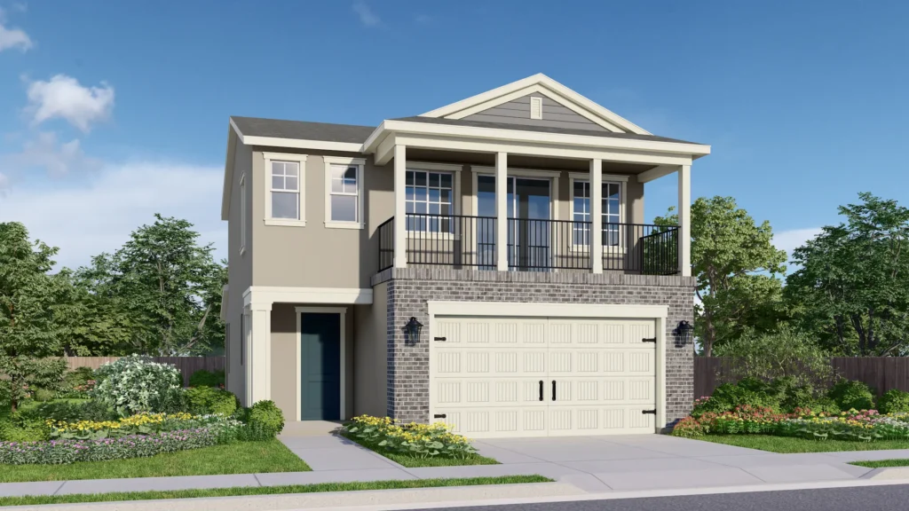 Generation is a two-story floor plan featuring a balcony above a two-car garage. The American Traditional elevation is shown here with horizontal gray siding contrasting against a beige exterior. The garage is framed by gray brick, and the balcony is covered, with white columns supporting the roof. 