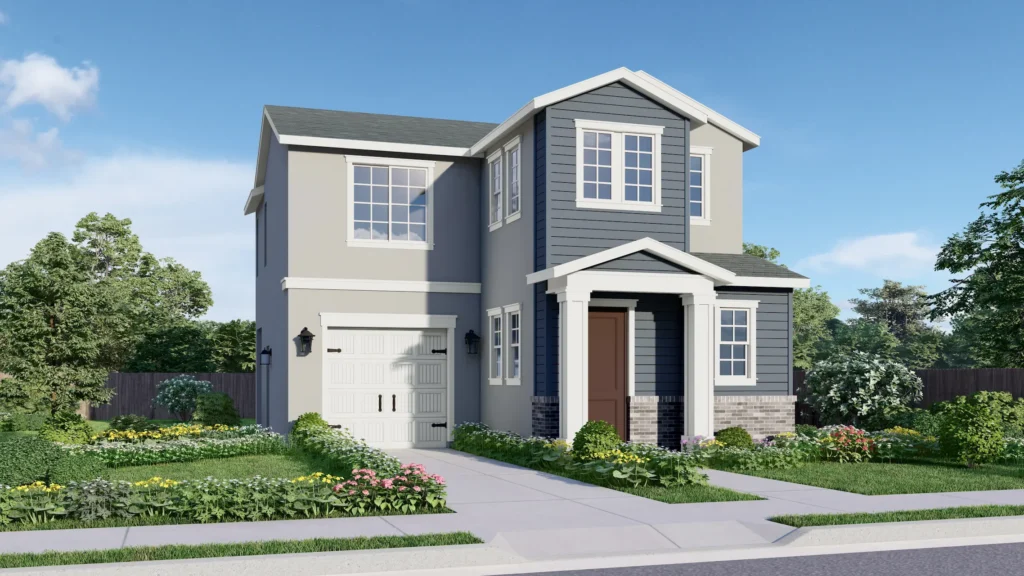 Lineage is a two-story floor plan. The American Traditional elevation is shown with a mix of light gray and state blue horizontal siding, trimmed in crisp white. Large windows provide abundant natural light. A covered porch with white columns and a small gable frames a welcoming warm-toned front door. This floor plan includes a single-car garage with coach lights on either side.