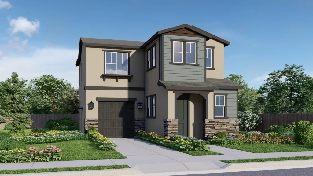 Lineage is a two-story floor plan featuring a single-car garage and large windows for natural light. The Craftsman elevation is shown with a mix of beige and gray horizontal siding, trimmed in dark brown. The covered porch is adorned with rustic stone wainscoting.