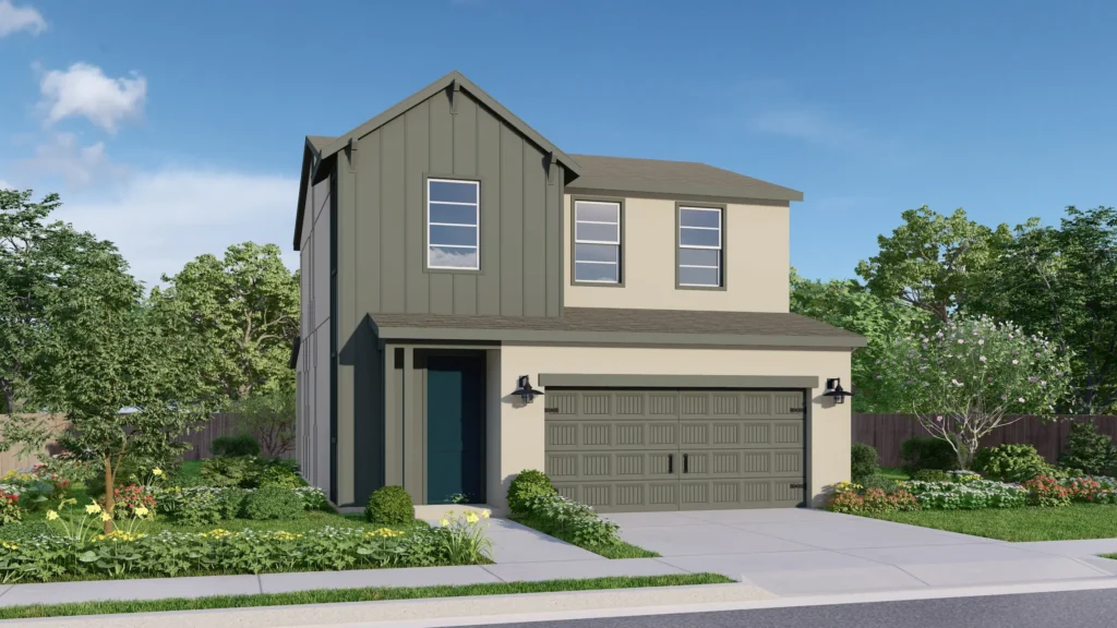 Tradition is a two-story floor plan featuring a two-car garage and large windows for natural light. The Modern Farmhouse elevation is shown here with vertical gray siding contrasting against a beige exterior. Farmhouse details adorn the roof in matching gray trim, while the front door stands out in a rich deep blue.