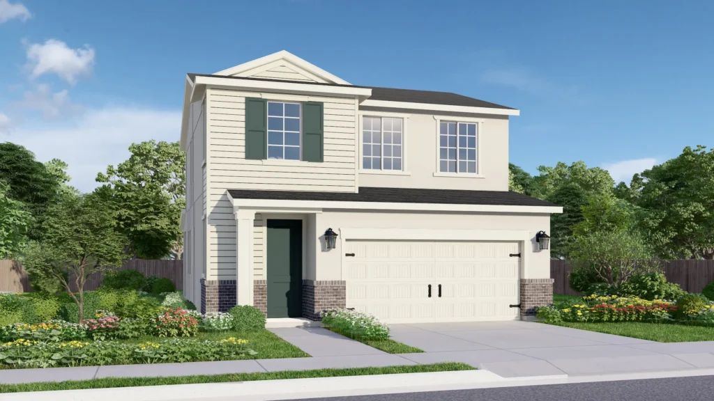 Tradition is a two-story floor plan featuring a two-car garage and large windows for natural light. The American Traditional elevation is shown with cream horizontal siding trimmed in crisp white. An upstairs window features muted dark green shutters that perfectly match the front door. Coach lights frame the garage, and gray brick wainscoting adds a traditional touch.
