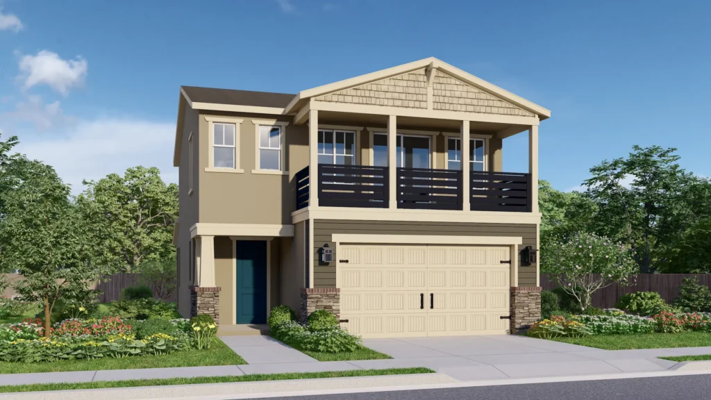 Generation is a two-story floor plan featuring a balcony above a two-car garage. The Craftsman elevation is shown here with horizontal gray siding contrasting against a tan exterior. The covered porch is supported by a traditional Craftsman-style column, which, along with the garage, is adorned with rustic stone wainscoting. The roof gable above the balcony features shingled siding, and thick black horizontal guardrails protect the balcony's edges.