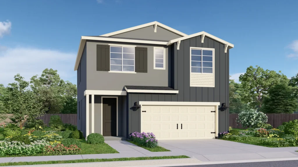 Encore is a two-story floor plan featuring a two-car garage. The Modern Farmhouse elevation is shown here with dark gray vertical siding contrasting against a light gray exterior. The farmhouse features around the windows and gables are detailed in crisp white trim.