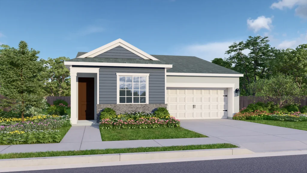 Americana is a one-story floor plan. The American Traditional elevation pictured here has cool gray horizontal siding and gray brick wainscoting. The warm brown front door provides contrast. The cream garage is elevated by coach lights and elegant details.