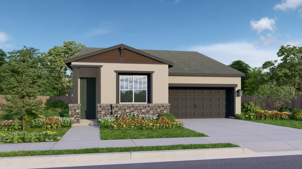 Americana is a one-story floor plan. The Craftsman elevation pictured here has beige siding and brown rustic brick wainscoting. The dark green front door provides contrast. A supporting column, roof gable, and window trim details add the classic Craftsman touch. The dark brown garage is elevated by coach lights and elegant details.