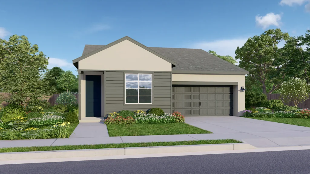 Americana is a one-story floor plan. The Transitional Ranch elevation pictured here has muted green horizontal siding and beige stucco. The deep teal front door provides contrast. The garage is elevated by coach lights and elegant details.