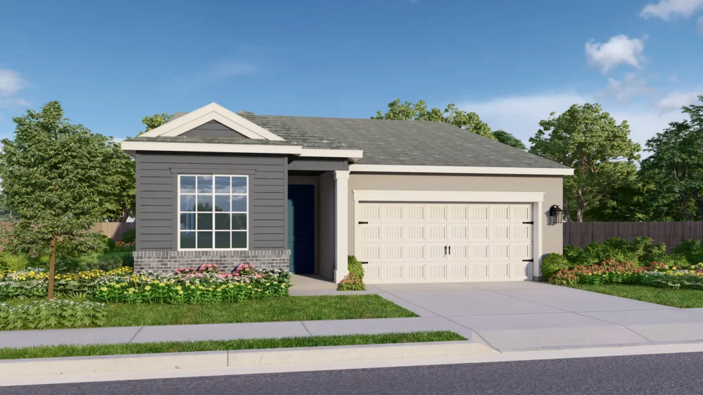 Dynasty is a one-story floor plan. The American Traditional elevation pictured here has cool gray horizontal siding and gray brick wainscoting. The blue front door provides contrast. The cream garage is elevated by coach lights and elegant details.