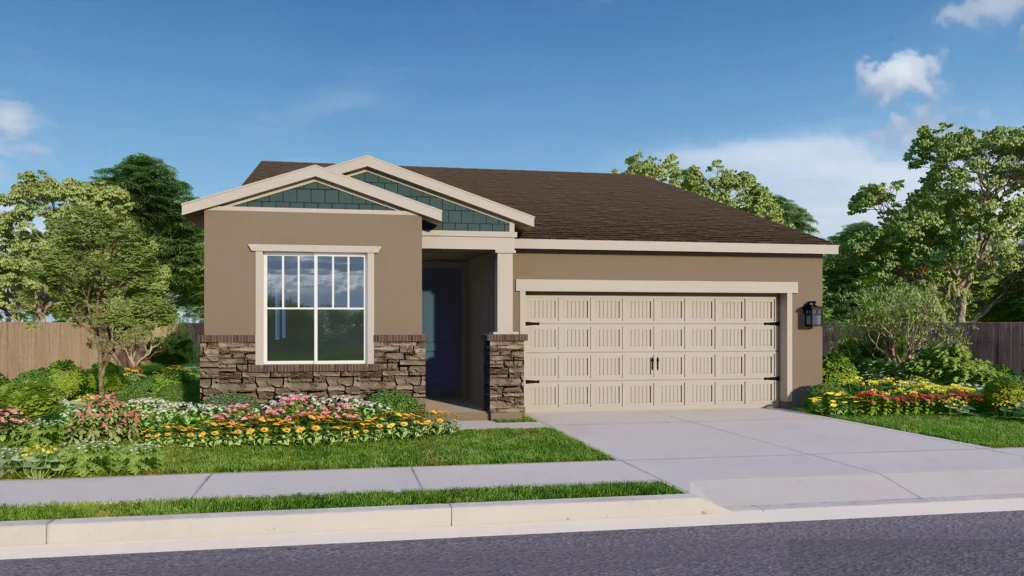 Dynasty is a one-story floor plan. The Craftsman elevation pictured here has taupe siding and rustic brown brick wainscoting. The blue front door provides contrast, while the pillar, roof gable trim, and window trim add the classic Craftsman touch. The beige garage is elevated by coach lights and elegant details.