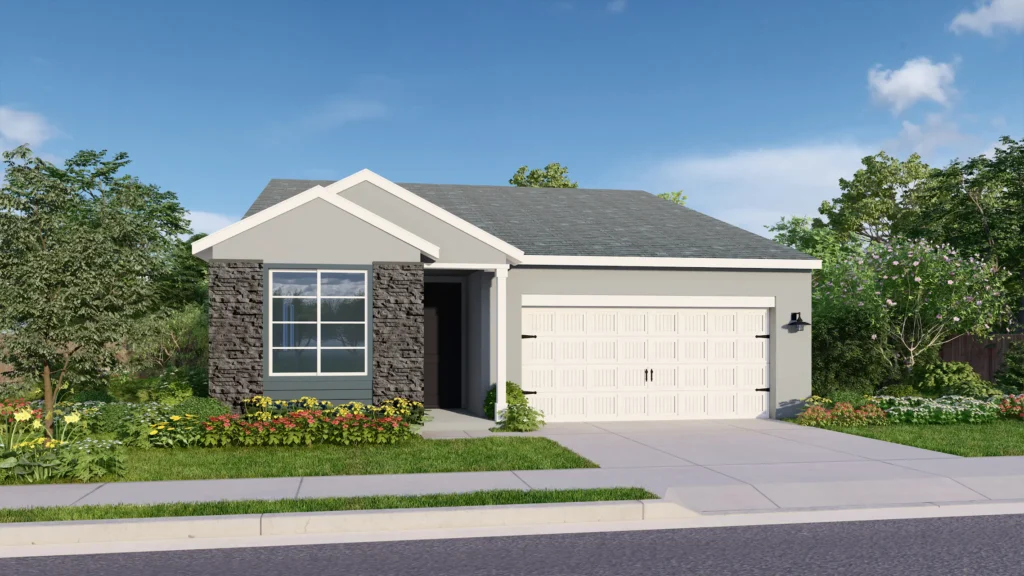 Dynasty is a one-story floor plan. The Transitional Ranch elevation pictured here has cool gray siding and gray brick details. Blue siding framing the front window provides contrast. The cream garage is elevated by coach lights and elegant details.