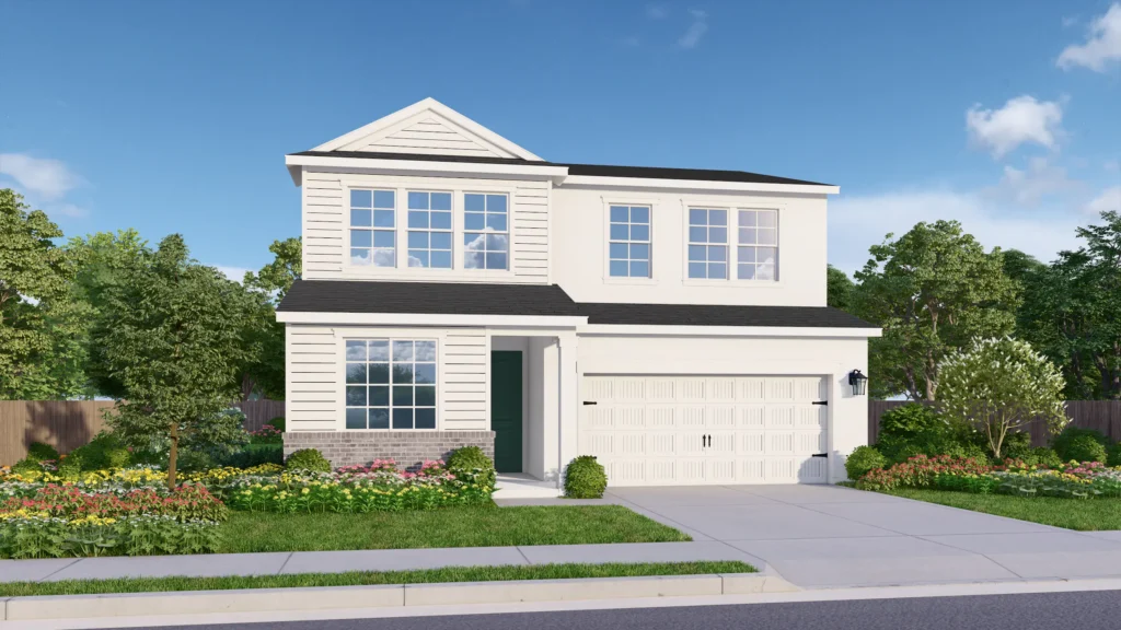 JB is a luxurious two-story floor plan with lots of windows for abundant natural light. The American Traditional elevation pictured here has white horizontal siding and gray brick wainscoting. Crisp white trim provides contrast with the dark roof. The white garage is elevated by coach lights and elegant details.