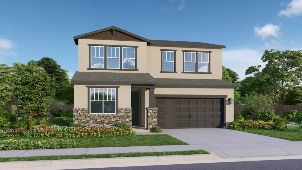 JB is a luxurious two-story floor plan with lots of windows for abundant natural light. The Craftsman elevation pictured here has taupe siding and rustic brown brick wainscoting. Dark brown trim highlights the roof gable and windows to add a classic Craftsman touch. The dark brown garage is elevated by coach lights and elegant details.