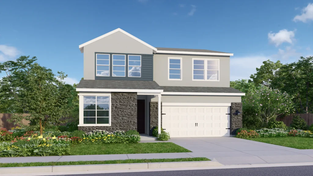 JB is a luxurious two-story floor plan with lots of windows for abundant natural light. The Transitional Ranch elevation pictured here has light gray siding with cool slate blue detail on the top floor and textured gray brick on the first floor. Crisp white trim highlights the geometric modern windows. The white garage is elevated by coach lights and elegant details.