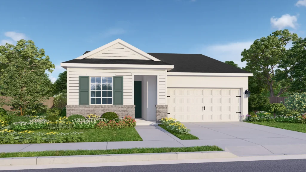Liberty is a one-story floor plan. The American Traditional elevation pictured here has cream horizontal siding and light gray brick wainscoting. Muted green decorative window shutters provide contrast. The garage is elevated by coach lights and elegant details.