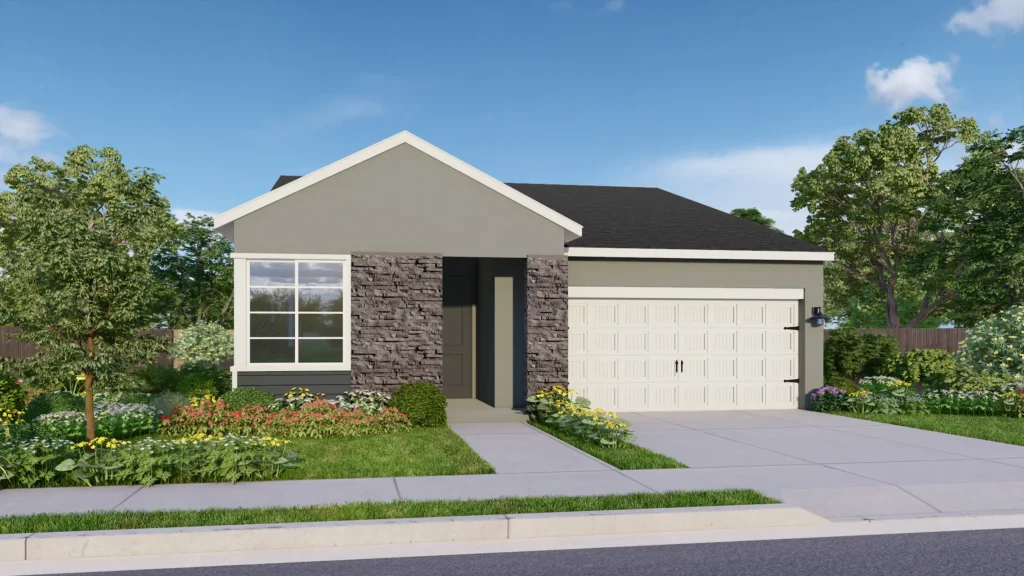 Liberty is a one-story floor plan. The Transitional Ranch elevation pictured here has dark gray rustic brick siding contrasting against blocks of muted green. The garage is elevated by coach lights and elegant details.