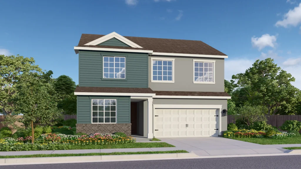 Palmina is a two-story floor plan with lots of windows for abundant natural light. The American Traditional elevation pictured here has blue-green horizontal siding and gray brick wainscoting. Crisp white trim provides contrast. The cream garage is elevated by coach lights and elegant details.
