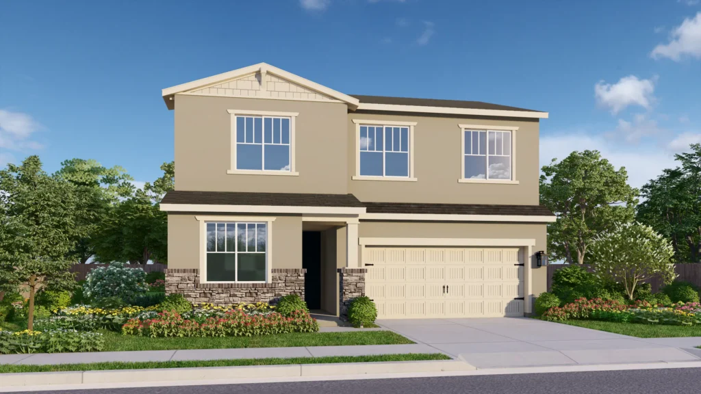 Palmina is a two-story floor plan with lots of windows for abundant natural light. The Craftsman elevation pictured here has beige siding and rustic brown brick wainscoting. A supporting pillar, roof gable trim, and window details add a classic Craftsman touch. The cream garage is elevated by coach lights and elegant details.