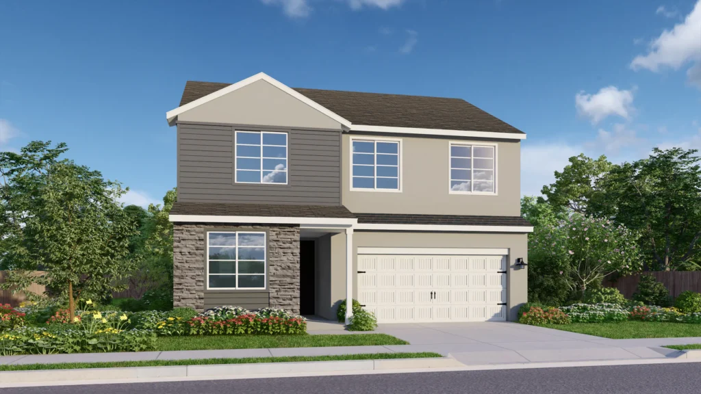 Palmina is a two-story floor plan with lots of windows for abundant natural light. The Transitional Ranch elevation pictured here has light gray siding with dark gray horizontal panels and gray brick details. Minimalist geometric windows add a modern touch. The cream garage is elevated by coach lights and elegant details.