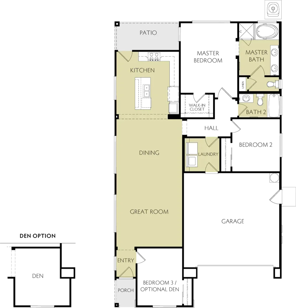 Americana Floor Plan - First Floor Layout. From entry: bedroom 3 (with door and closet) or optional den (no door or closet) to the right with front-facing window. Ahead, great room leading into dining area with two large windows, then open kitchen with island, window, and door to patio; hallway off kitchen leads to laundry room, with a pass-through to the garage, then bedroom 2 with sliding-door closet and large window, bath 2 with side window, and master bedroom with windows onto backyard, walk-in closet & en-suite master bath with water closet, linen cupboard, dual sinks, separate bathtub, and shower stall. Entry, great room, dining room, kitchen, laundry room, and bathrooms feature luxury vinyl flooring.